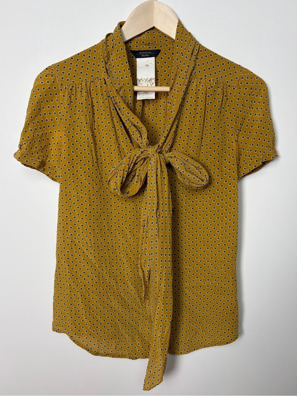 MAX MARA WEEKEND Silk Button Up Short Sleeve Blouse with Neck Tie Size Small